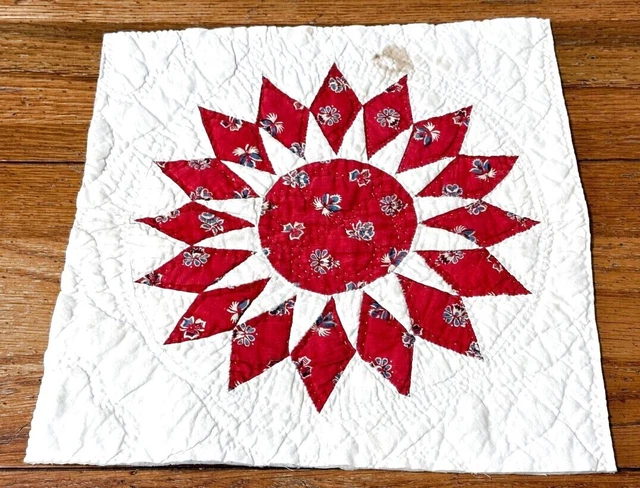 Early! c 1850s Sunburst Compass QUILT Pc Antique Turkey Red Maryland