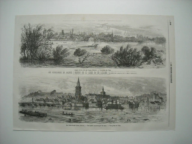 1868 ENGRAVING. LES FLOODATIONS EN France. VILLE DE COSNE ET LA CHARITE-SUR-LOIRE.
