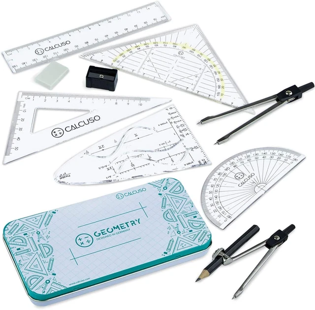 CALCUSO Geometrie Set 12-Teilig Mit Zirkel, Geodreieck in Stabiler Metallbox - P