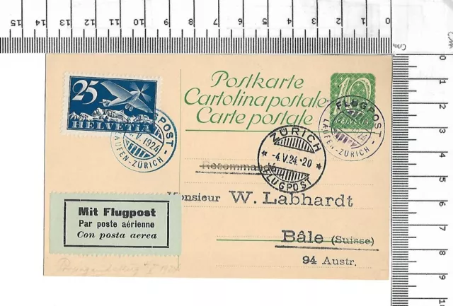 Flugpost 4.V.1924 Laufen Zürich Sonderstempel Postkarte nach Bale aerea  ; 62005