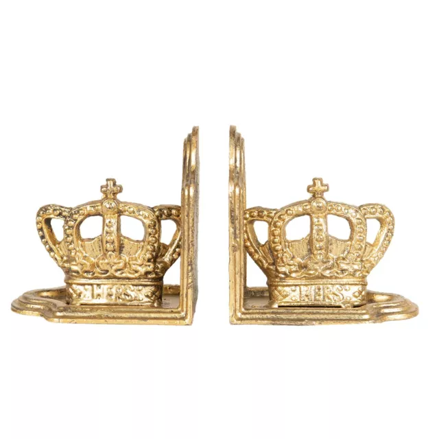 Pair Heavy Gold Ornate Crown Metal Bookends Book Supports Gift