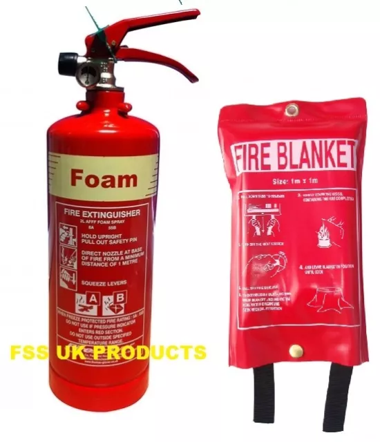 New 2 Litre Foam (Afff) Fire Extinguisher + Fire Blanket - B S Kitemarked