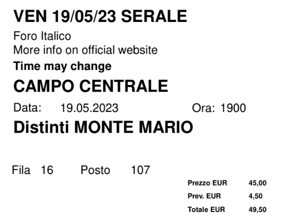 Biglietto Internazionali BNL 2023 - Venerdì 19/05/2023, serale, campo centrale