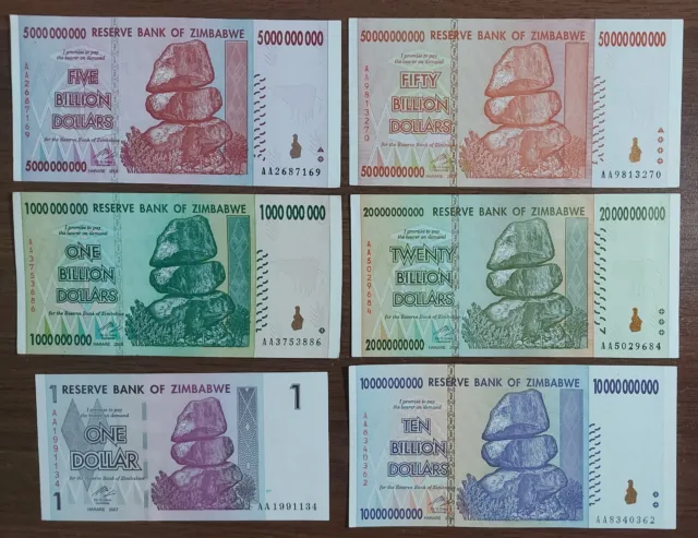 Juego de 6 billetes de 1 a 50 mil millones de dólares de Zimbabue 2008 buen estado