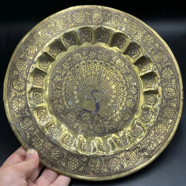 Genuine Ancient Islamic Rare Bronze Beautiful Hand Engraved Peacock Design Plate