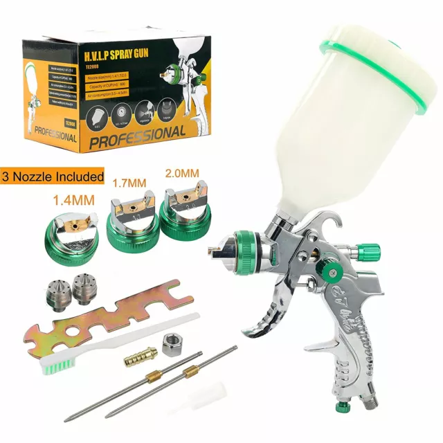 CA-YaeTek New HVLP Gravity Feed Air Spray Gun 3 Nozzles 1.4mm 1.7mm 2.0mm, 600cc