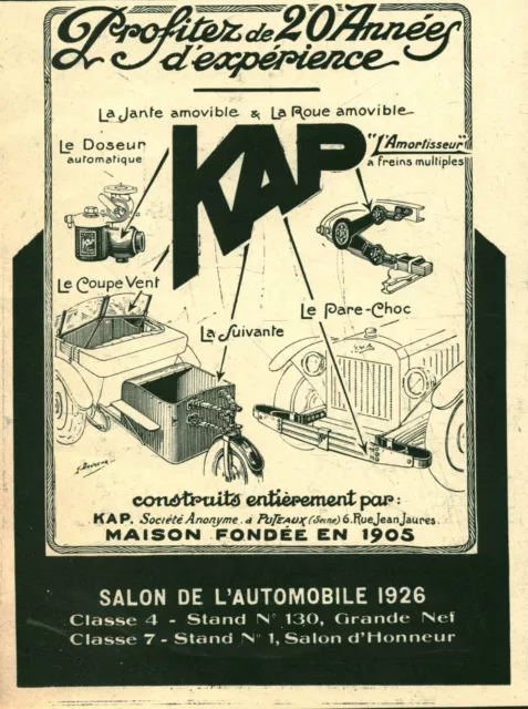 Publicité ancienne accessoires automobiles Kap  1926 issue de magazine