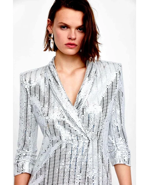 ZARA NEW SEQUIN Metallic Blazer Dress Silver White Mini Crossover Size Xs  65.00 - PicClick UK