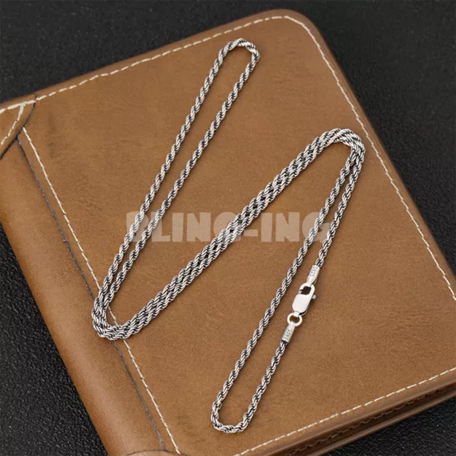 2/2.8/3.2mm Real Solid 925 Sterling Silver Rope Link Chain Unisex Necklace