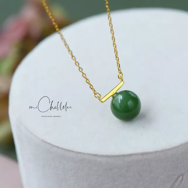 Natural Large Green Jade Pendant Necklace, Sterling Silver Choker 2