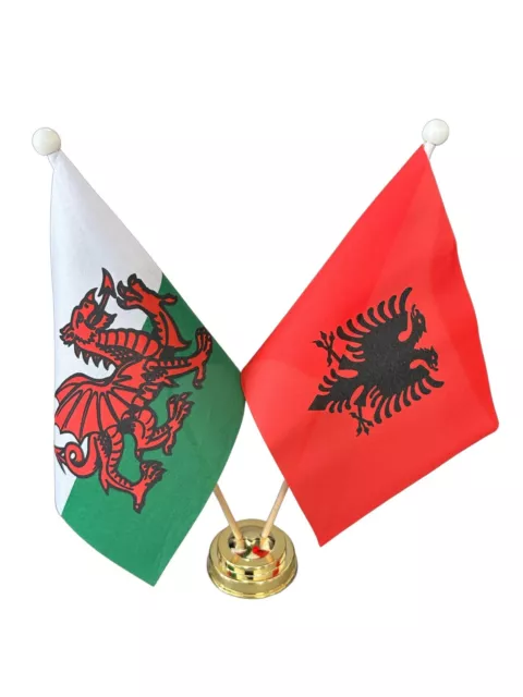Wales and Albania 9"X6" Table Flags on Plastic Gold Base