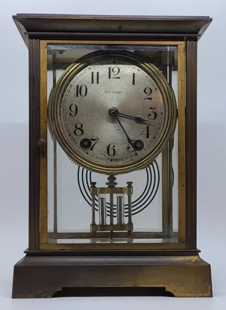 Antique Working 1910 SETH THOMAS Brass & Glass Crystal Regulator Shelf Clock 48s