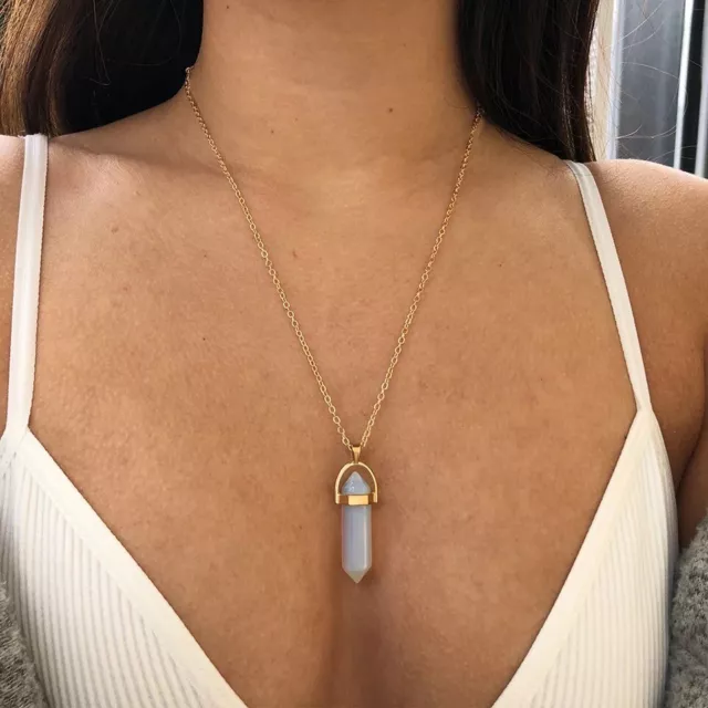 ZARD Natural Moonstone Healing Crystal Gem Chakra Wand Pendant Gold Necklace