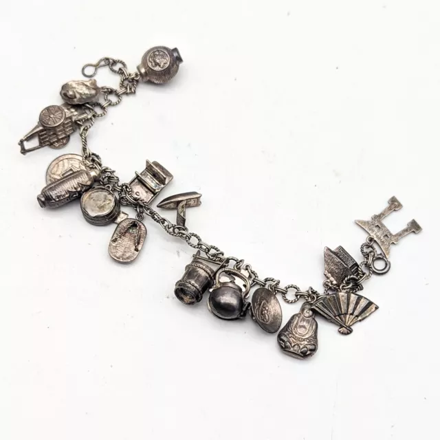 Vtg Japanese Sterling Silver 18 Charm Bracelet Torii Buddha Sandal Lantern Fan