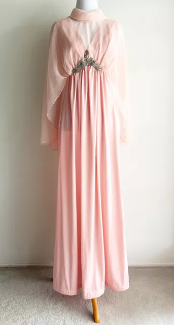 Vintage 60s 70s Medium Handmade Polyester Long Dress Pink Sheer Cape Dressy