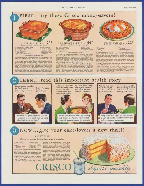 Vintage 1933 CRISCO Shortening Cheese Puffit Peach Waffles Recipes 30's Print Ad