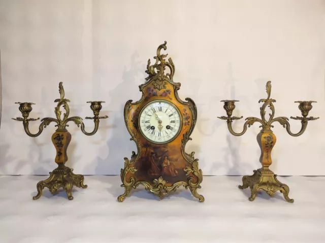 Pendule Vernis Martin Style Louis XV / 19th France / Garniture Cheminée Horloge