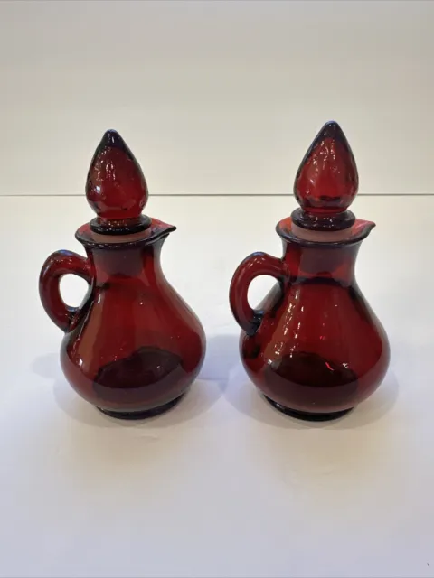 2 Vintage Avon RUBY RED Glass CRUET Bath Foam Bottle Strawberry Stopper 4 Ounce