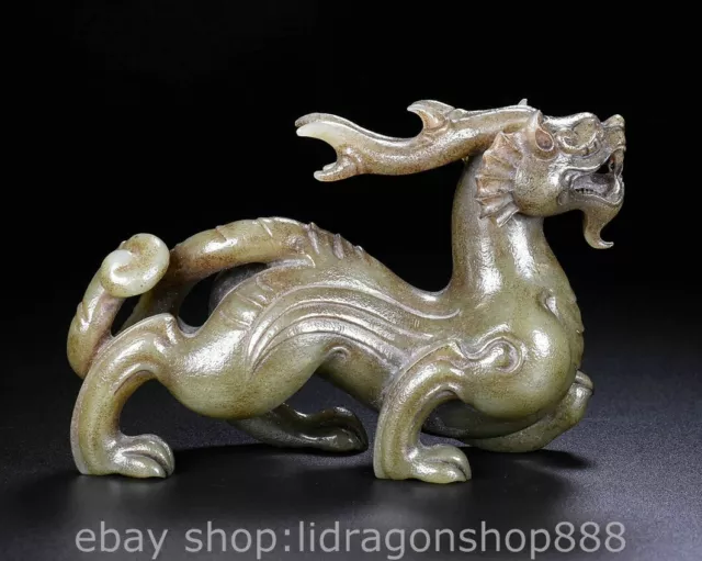6" Chinese Natural Hetian Nephrite Jade Carving Dragon Beast Statue Sculpture