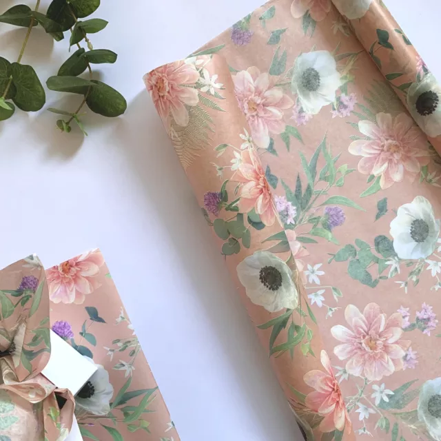 Luxury Pink Floral Tissue Paper Roll Patterned Printed 5m x50cm Gift Wrapping