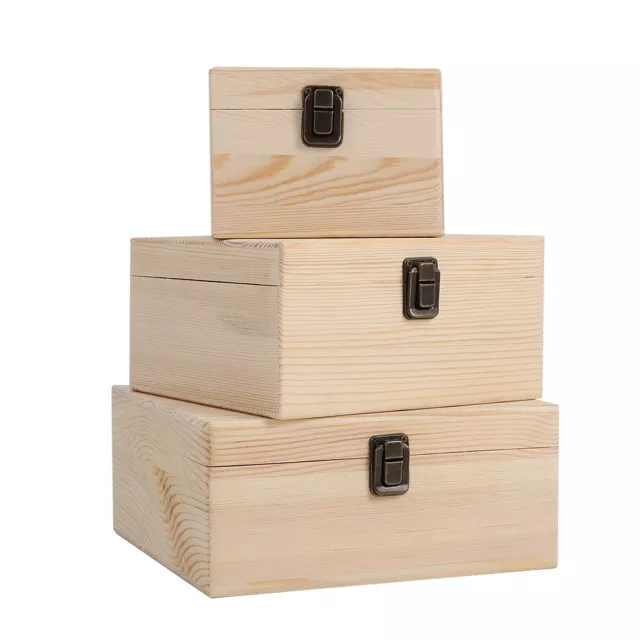 Plain Wooden Square Storage Box with lid Hinged Chest Natural Keepsake Gift Box