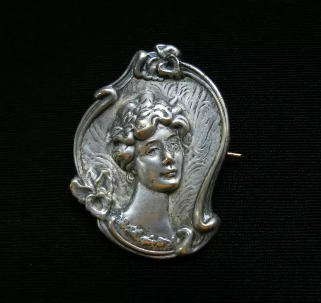 Antique Victorian Silver Color Metal Repousse Cameo Woman Pin Brooch Late 1800s