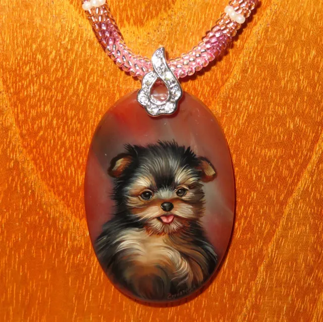 YORKIE PUPPY pendant Hand painted Stone beaded necklace Yorkshire Terrier signed