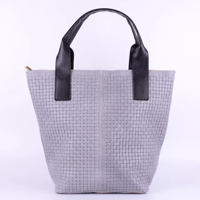 Tasche Handtasche Ital Leder Schultertasche Shopper Ledertasche Geflochten Grau