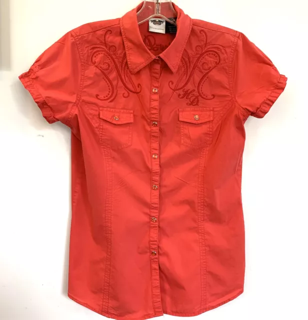 Harley Davidson Red Embroidered Logo Back Snap Button Front Shirt Womens Size M