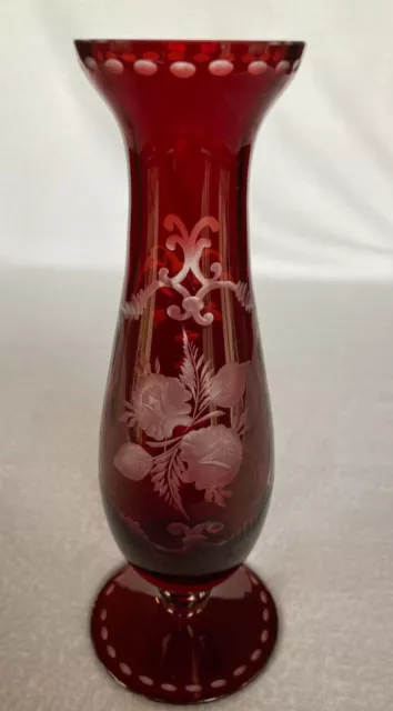 Vintage Egermann Bohemian Czech Ruby Red Etched Cut To Clear Glass Vase