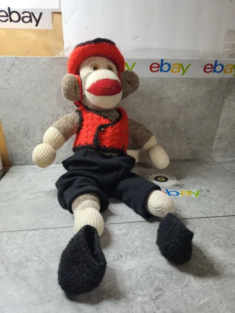 16” Handmade Sock Monkey Doll Bear Plush Doll & Button Shirt RARE Crochet Cloths