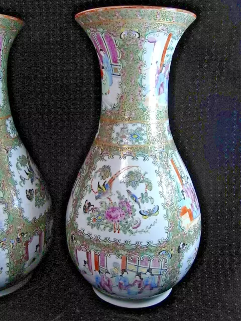 Ancienne Grande Paire De Vases Porcelaine Emaille Canton Chine Chinese Asiatique 5