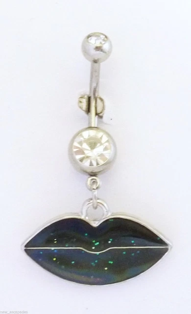 Belly Ring Lips Glittered w/Clear Gem Dangle Naval Steel Body Jewelry