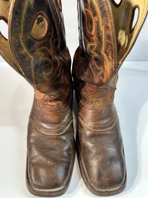 JUSTIN WESTERN COWBOY Boots Mens 11 EE Brown Leather Square Toe Work ...