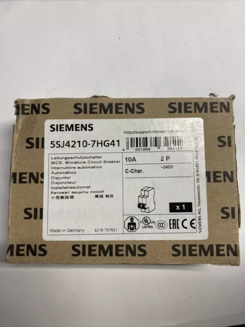 New Siemens 5Sj4210-7Hg41 Mini Circuit Breaker 240V 2 Pole 10 Amp Class C Nib