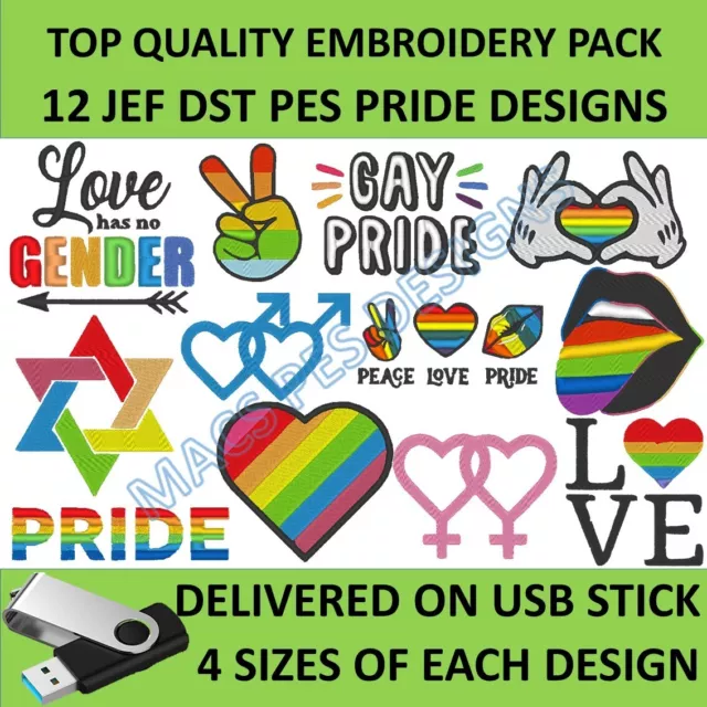 LGBT+ pride PES JEF DST embroidery designs on usb. Brother Machine, gay proud