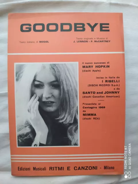 Mary Hopkin "Goodbye" - Spartito Singolo Vintage (1969) - Ed. Ritmi E Canzoni