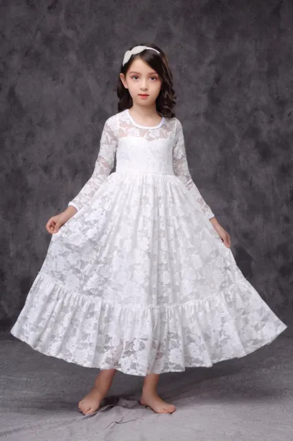 White Ivory Navy Lace Long Flower Girl Dress Birthday Wedding Communion Ship USA