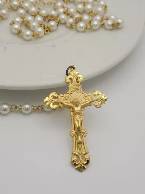Vintage Chapel 14K Yellow Gold Filled INRI Rosary Beads Cross Crucifix Necklace