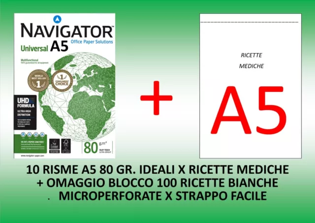 CARTA NAVIGATOR A5 21X15 Ideale Ricette Mediche 10 Risme Da 500 Fg. Cad. 80  Gr. EUR 49,00 - PicClick IT