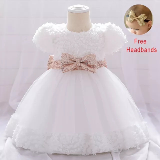 Infant Gold Bow Wedding Girl Dress Kid Baptism Birthday Tulle Party Sequin Dress