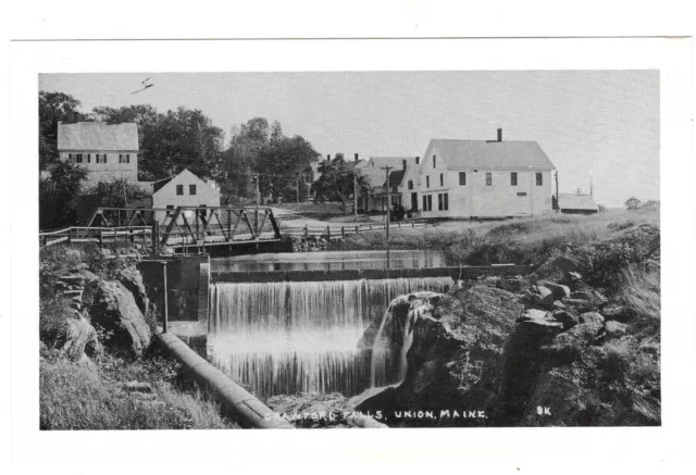Postcard ME Crawford Falls Union Vintage Maine Bridge Houses