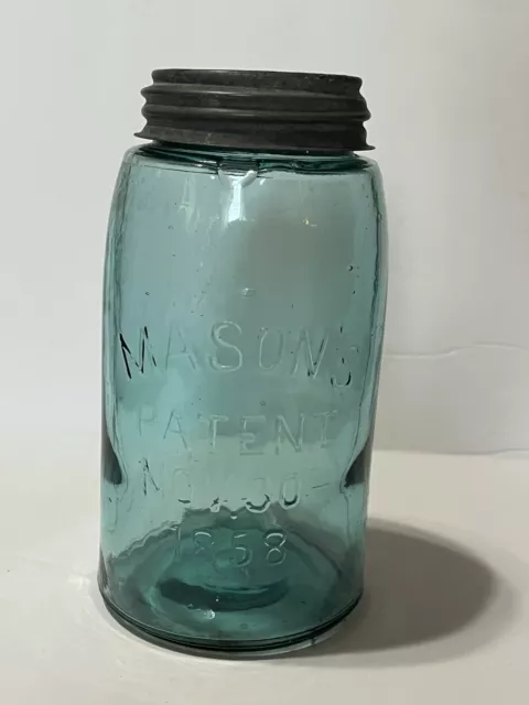 Blue Mason's Patent NOV 30th 1858 Quart Mason Canning Fruit Jar w/ Lid