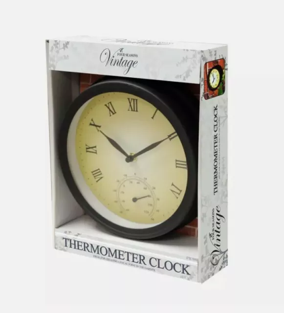 Outdoor Garden Wall Clock & Thermometer Vintage Roman Numerals Water Resistant