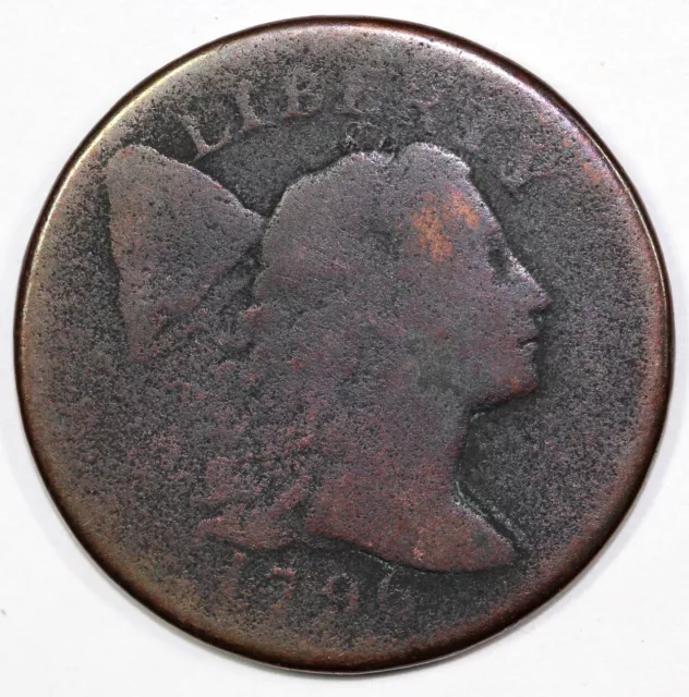 1796 1c S-90 Rotated Reverse Liberty Cap Large Cent *Two Leaves touch T of Cent*