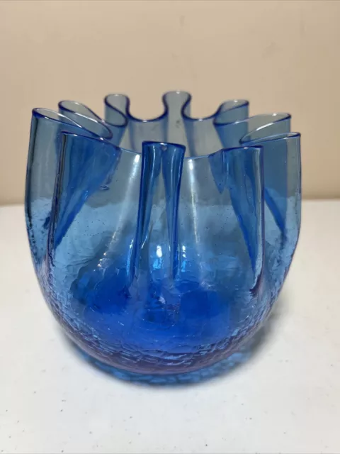 Vintage Blue Crackle Art Glass Crimped Edge Rose Bowl Vase