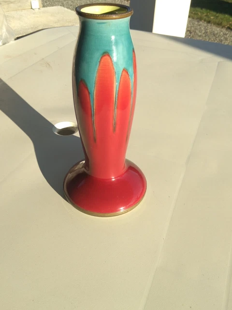 Ancien vase art nouveau grès Sarreguemines rouge bleu et jaune, laiton 2