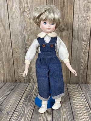 Vintage Marian Yu Designs Boy Porcelain Head Soft Body Doll in Overalls 17