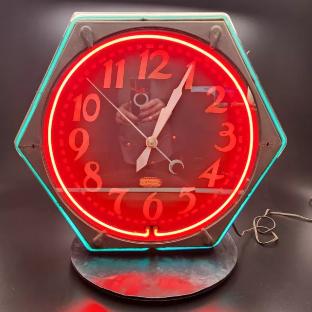 Large Electric Neon Clock Company Wall Clock - Lighted Red & Blue Display