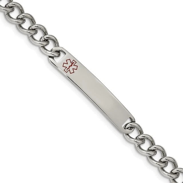 8Mm Stainless Steel Red Enamel Medical I.D. Curb Bracelet, 8 Inch